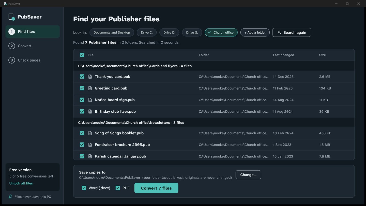 PubSaver's Find screen listing seven Publisher files in two folders, with a Convert 7 files button