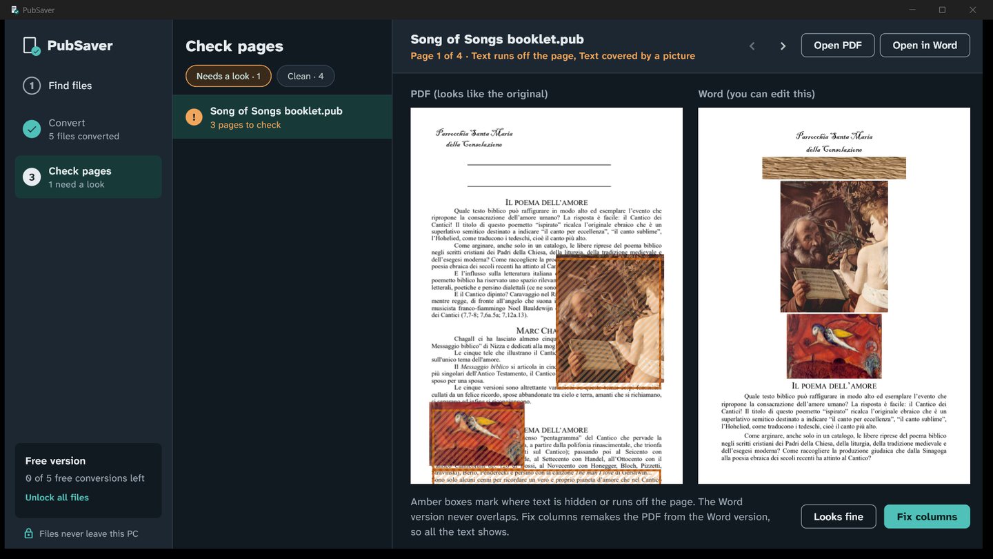 Check pages: the original layout as PDF on the left with amber marks where pictures cover text, and the Word version on the right