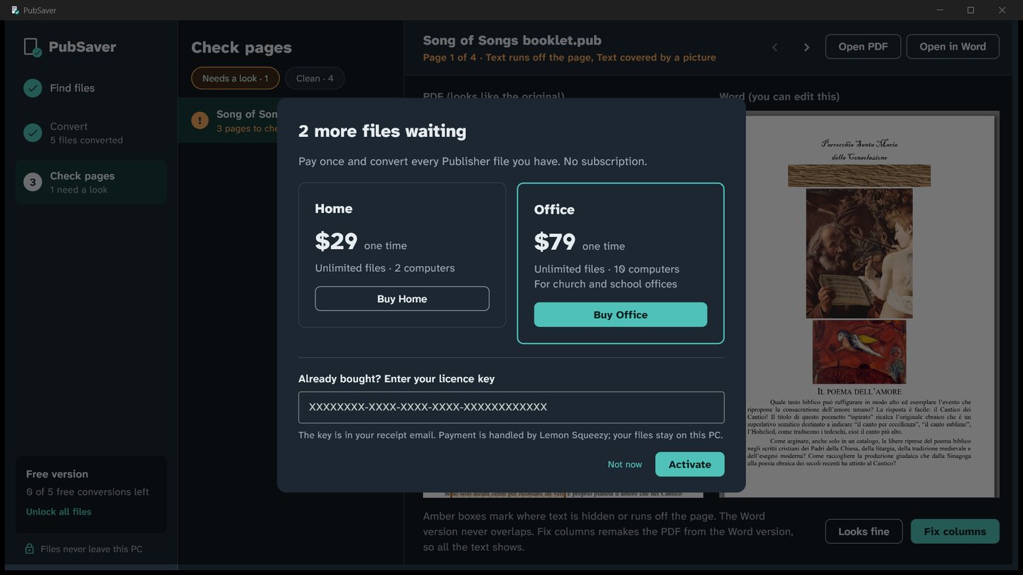 The PubSaver upgrade dialog: Home 29 dollars one time for 2 computers, Office 79 dollars one time for 10 computers